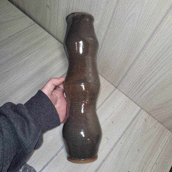 Vtg Handmade Signed Pottery Ribbed Vase Glazed Bubble Art - Picture 3 of 7